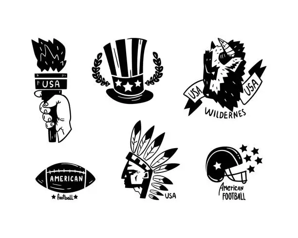 Vector illustration of USA Black Logo Badges with Torch, Top Hat, Bull, Rugby Ball, Indian and Football Helmet Vector Set