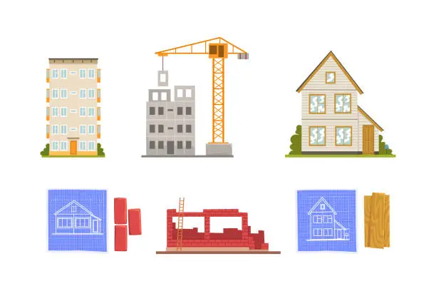 Vector illustration of House Construction Site with Building Architecture Stage Vector Set