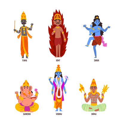 Ancient Indian Hindu Gods and Deity with Yama, Vishnu, Igny, Shiva, Ganesha and Indra Vector Set. Religious Hinduism Idol for Worship