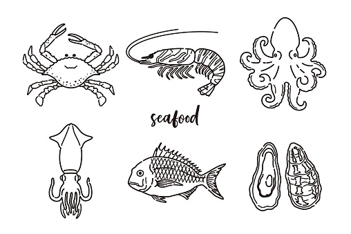 Sea creatures Seafood illustration set