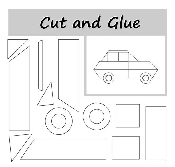 Vector illustration of DIY worksheet. Color, cut parts of the image and glue on the paper. Car from geometric shapes.