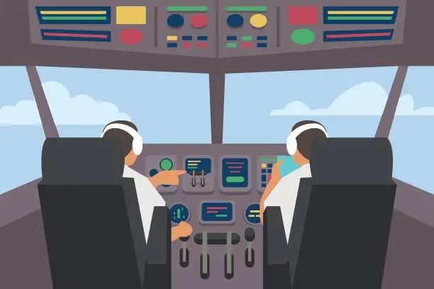 Vector illustration of Pilots sitting front of dashboard aircraft inside