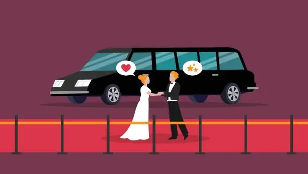 Vector illustration of Bride and groom in limousine on wedding ceremony