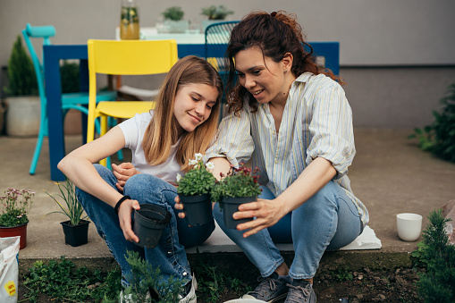 Mother and daughter are choosing a plant to put in the ground