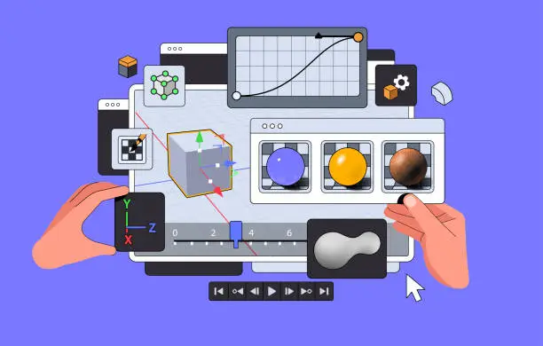 Vector illustration of 3D Software suite Interface Layout with hands. Viewport of Program for Motion Designers and Animators. Big panels. Minimal Vector illustration.