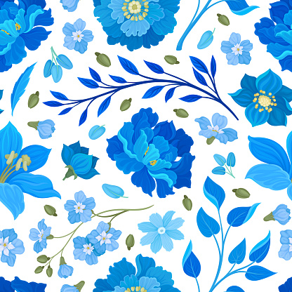 Blue Flowers Seamless Pattern Design with Blooming Flora and Twigs Vector Template. Wallpaper with Beautiful Botany