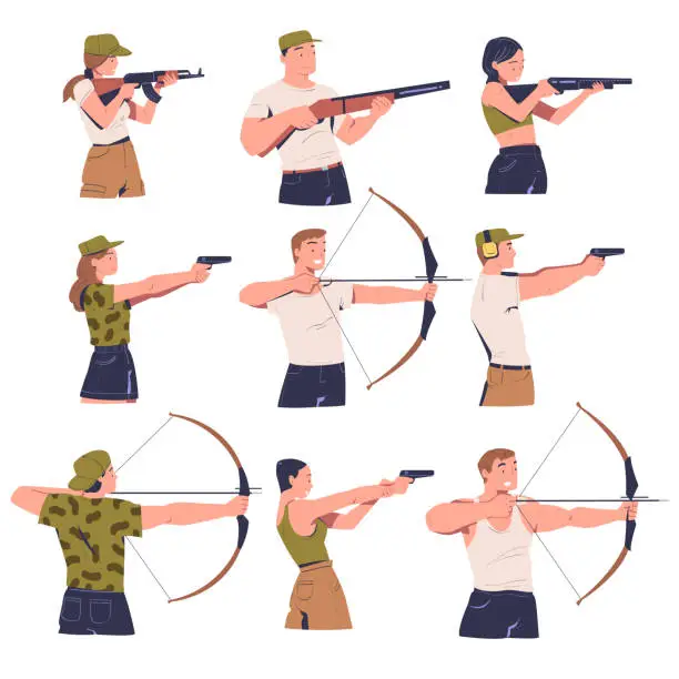 Vector illustration of People aiming at target with different weapons set. Women and men training in tactical shooting with bow, gun and rifle cartoon vector illustration