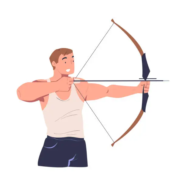 Vector illustration of Man shooting with bow. Male shooter training in archery cartoon vector illustration