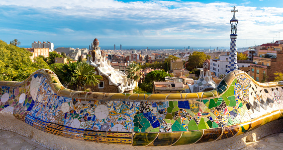 Panoramic view of Park Guell in Barcelona, Spain