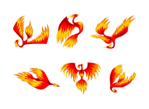 Vector illustration of Phoenix with Red Flamed Wings and Feather as Immortal Bird from Greek Mythology Vector Set