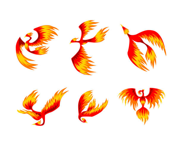 istock Phoenix with Red Flamed Wings and Feather as Immortal Bird from Greek Mythology Vector Set 1500216496