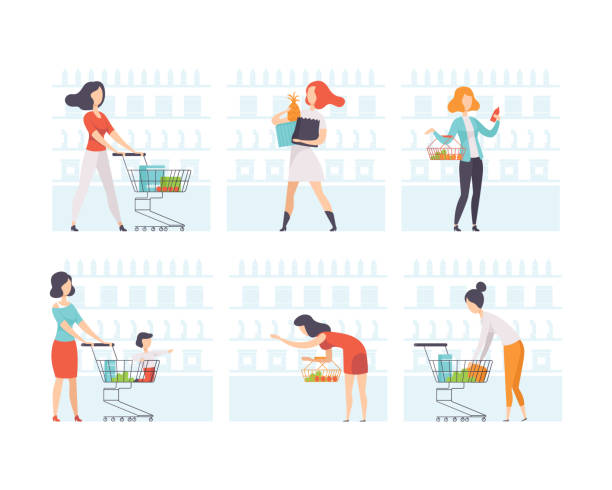 postać kobiety w sklepie spożywczym z wózkiem na zakupy i koszykiem w pobliżu półki zestaw wektorowy - shopping supermarket department store women stock illustrations