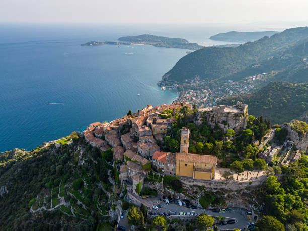 Aerial view of Eze, France Aerial view of Eze, a beautiful village in the south of France provence alpes cote dazur stock pictures, royalty-free photos & images