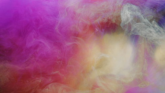 Color smoke. Mist cloud. Vapor floating. Holi fog texture. Bright pink yellow ink water mix splash abstract art background.