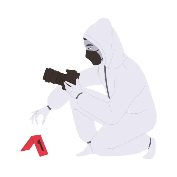 Vector illustration of Man Police Expert in Suit Collecting Evidence at Crime Site Vector Illustration