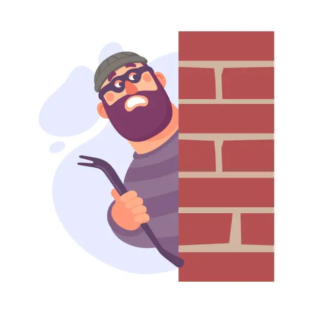 Vector illustration of Bearded Man Criminal in Mask with Crowbar Looking from Corner Committing Crime Vector Illustration