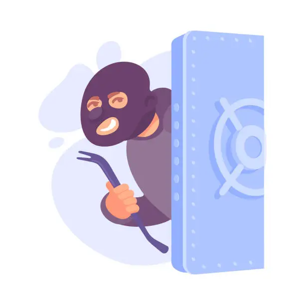 Vector illustration of Man Criminal in Mask with Crowbar Looking from Safe Door Committing Crime Vector Illustration