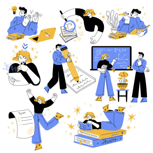 Education with Man and Woman Studying and Learning Discipline Vector Set Education with Man and Woman Studying and Learning Discipline Vector Set. Young Male and Female Student Engaged in University Course Training book dedication stock illustrations
