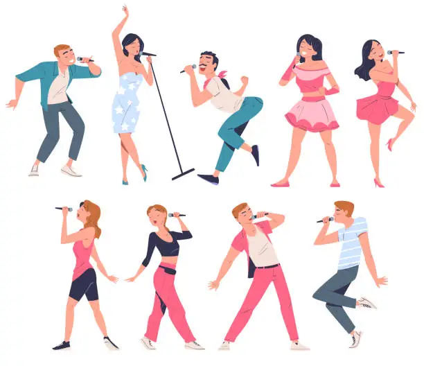 Vector illustration of Singers performing with microphones set. Young men and women singing song and dancing cartoon vector illustration