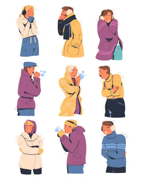 Vector illustration of People feeling freeze wearing warm clothes set. Men and women trying to warm during winter or autumn season cartoon vector illustration