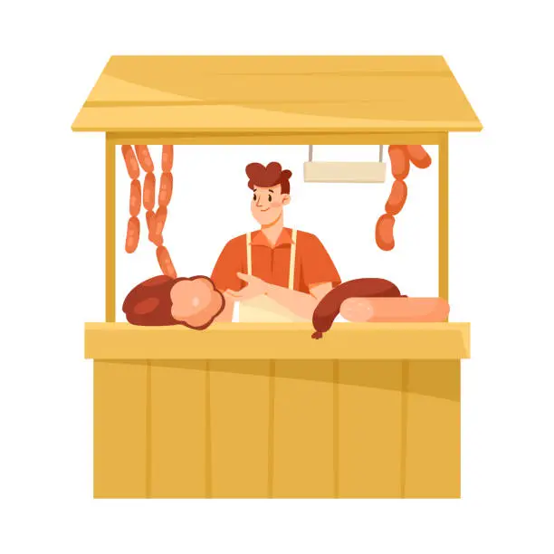 Vector illustration of Man Seller at Farmer Market Selling Fresh Local Meat at Stall Vector Illustration