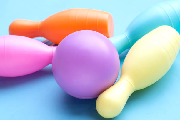 istock Colorful plastic bowling toy on blue background. 1500222841