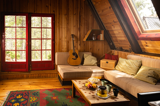 Cozy log cabin interior.