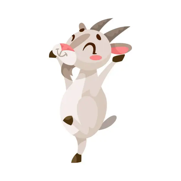 Vector illustration of Funny Goat Animal with Horns Enjoying and Cheering with Happy Smiling Snout Vector Illustration