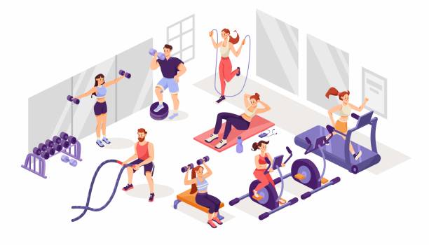 ilustrações de stock, clip art, desenhos animados e ícones de man and woman at gym doing sport training and workout vector illustration - health club gym young men dumbbell