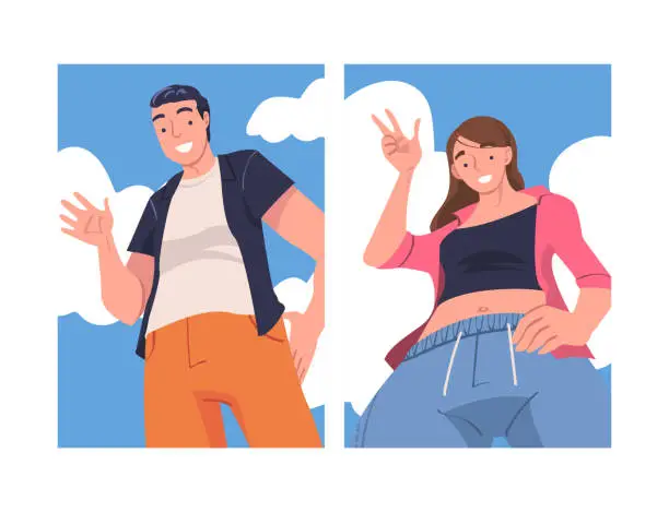 Vector illustration of Man and Woman Character Standing Looking from Above Friendly Smiling and Showing Hand Greeting Gesture Vector Set