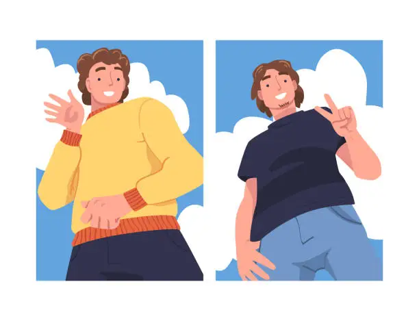 Vector illustration of Man Character Standing Looking from Above Friendly Smiling and Showing Hand Greeting Gesture Vector Set