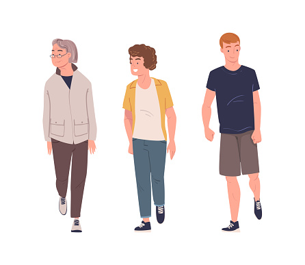Walking Senior Woman and Young Man Character Strolling in the Street and Smiling Vector Set. Happy Male and Female Rambling Making Steps Engaged in Weekend Activity