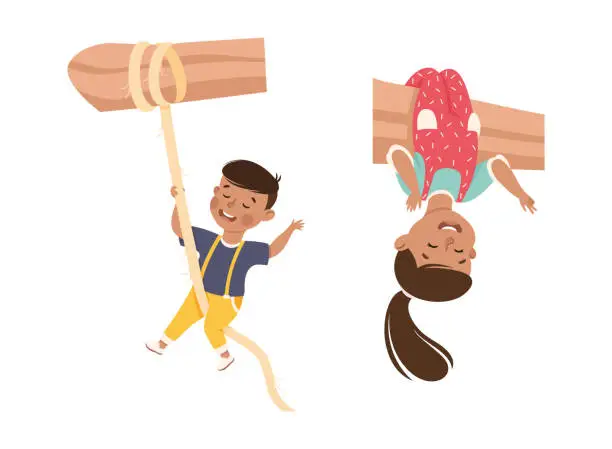Vector illustration of Happy Boy and Girl Playing on Tree Hanging on Rope and Branch Having Fun Enjoying Summer Vector Set