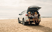 Family travel on beach, Family with car road trip at sea on summer