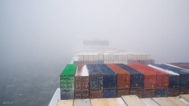 Container ship in bad snowy weather