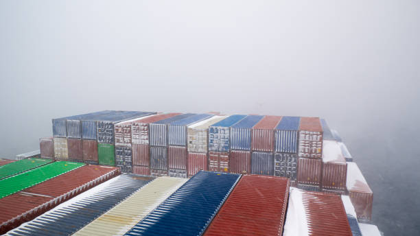 istock Container ship in bad snowy weather 1500224774