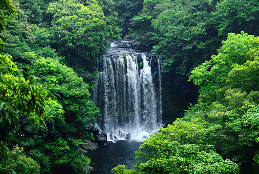 Beautiful touristic scenery of Cheonjeyeon Waterfall, a famous tourist attraction in Jeju Island.