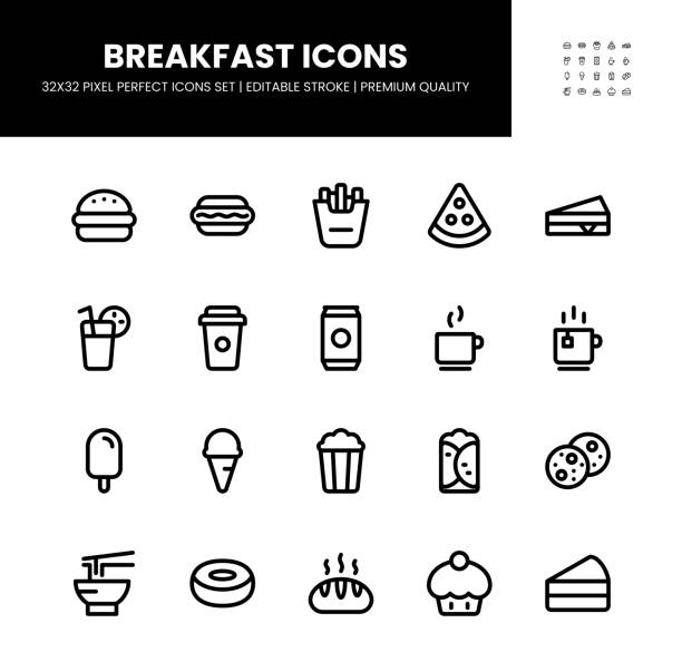 illustrations, cliparts, dessins animés et icônes de icônes de petit-déjeuner en 32 x 32 pixels parfaites avec trait modifiable - biscuit sausage sandwich breakfast