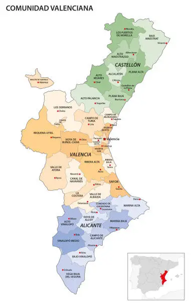 Vector illustration of Administrative map of the regions of the Spanish Autonomous Community of Valencia