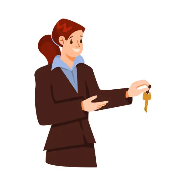 Vector illustration of Young Woman Receptionist Serving Client Giving Key Vector Illustration
