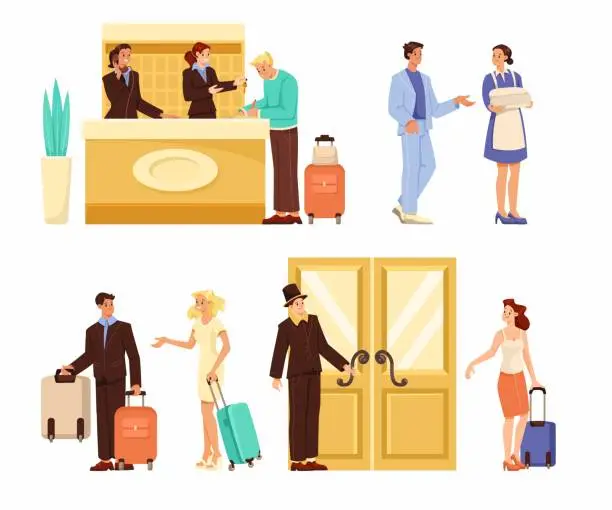 Vector illustration of Hotel Guests and Employees with Receptionist, Doorman and Maid Vector Set