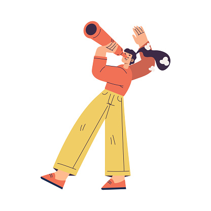 Woman Looking in Telescope Searching for Idea and Opportunities Vector Illustration. Young Female Exploring Finding Solution