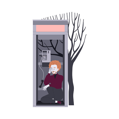 Loneliness with Lonely Man Character Sitting in Phonebooth Feeling Depression and Sadness Vector Illustration. Young Unhappy Male Suffering Alone