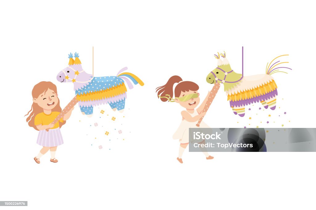 Funny Girl Striking And Hitting Pinata Hanging On String With Stick ...