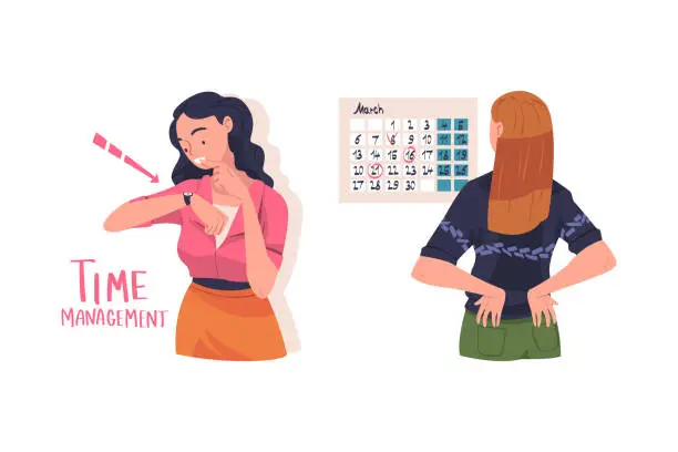 Vector illustration of Woman Character Planning Time and Event Managing Schedule Vector Set