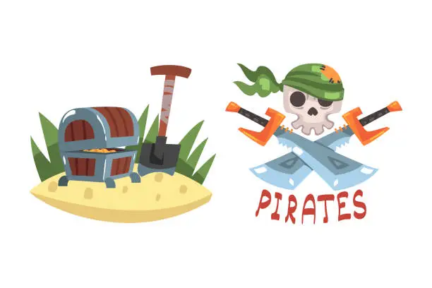Vector illustration of Pirate Treasure Chest with Shovel and Skull in Bandana with Crossed Saber and Inscription Vector Set