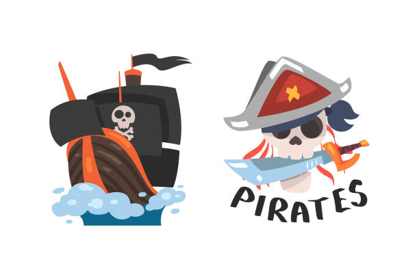 istock Pirate Skull in Hat with Saber and Ship with Black Flag Vector Set 1500227125