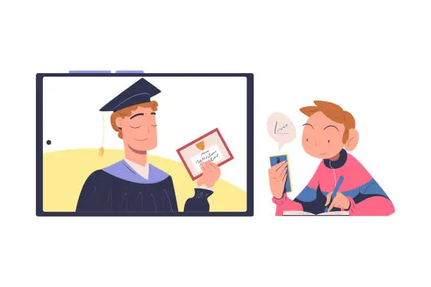 Vector illustration of Online Education and E-learning with Man Watching Professor on Computer Screen Giving Lesson on Web Platform Vector Illustration