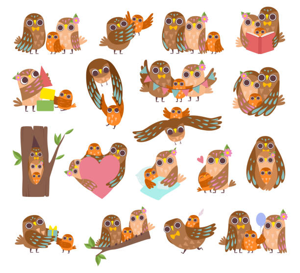 счастливая семья сов с матерью и папой, играющими со своим большим векторным набором совят - owl young animal bird mother stock illustrations