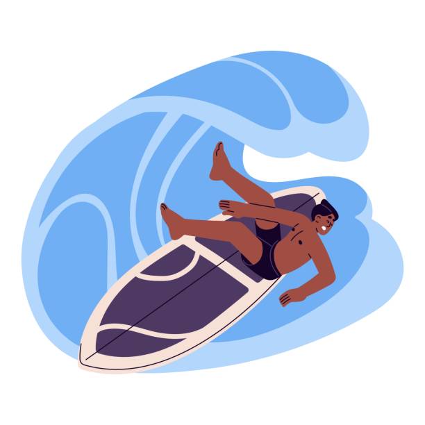 illustrazioni stock, clip art, cartoni animati e icone di tendenza di ragazzo che cade dalla tavola da surf in acqua di mare. giovane uomo surf, facendo attività sportiva estrema durante le vacanze estive, vacanza. surfista spaventato sotto l'onda. illustrazione vettoriale piatta isolata su sfondo bianco - one person white background swimwear surfboard